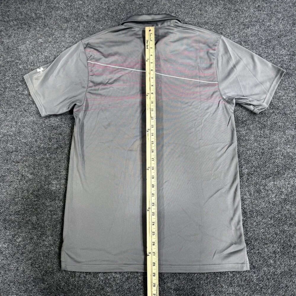 Under Armour Mens Golf Polo Size Small Gray Pink Line Print HeatGear Loose Fit